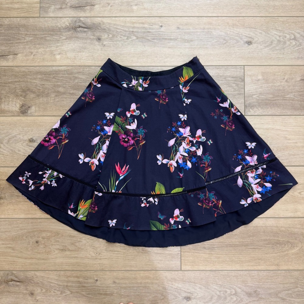 Ted Baker London Navy Floral Skater Skirt Ladder Stitch Tiered A-Line Size 3